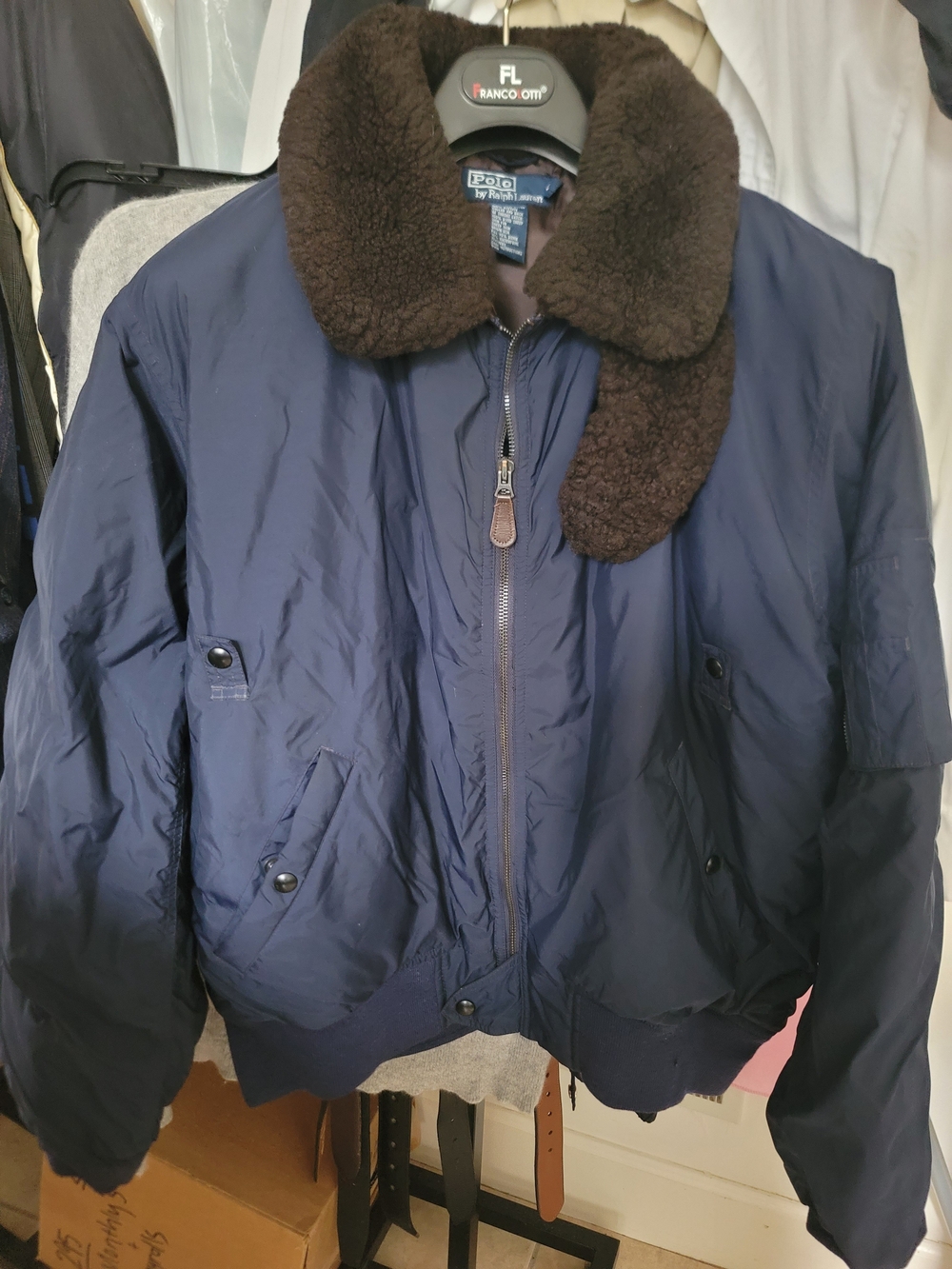 Ralph Lauren Navy Down Bomber Jacket with Brown Shearling Collar